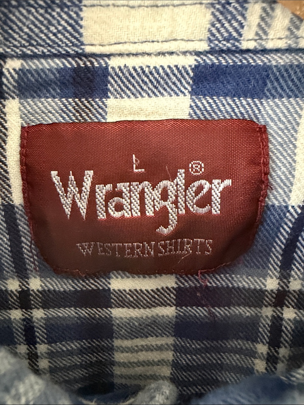 Wrangler Western Shirt Men’s Large Blue White Plaid Flannel Pearl Snap Large - Picture 4 of 9